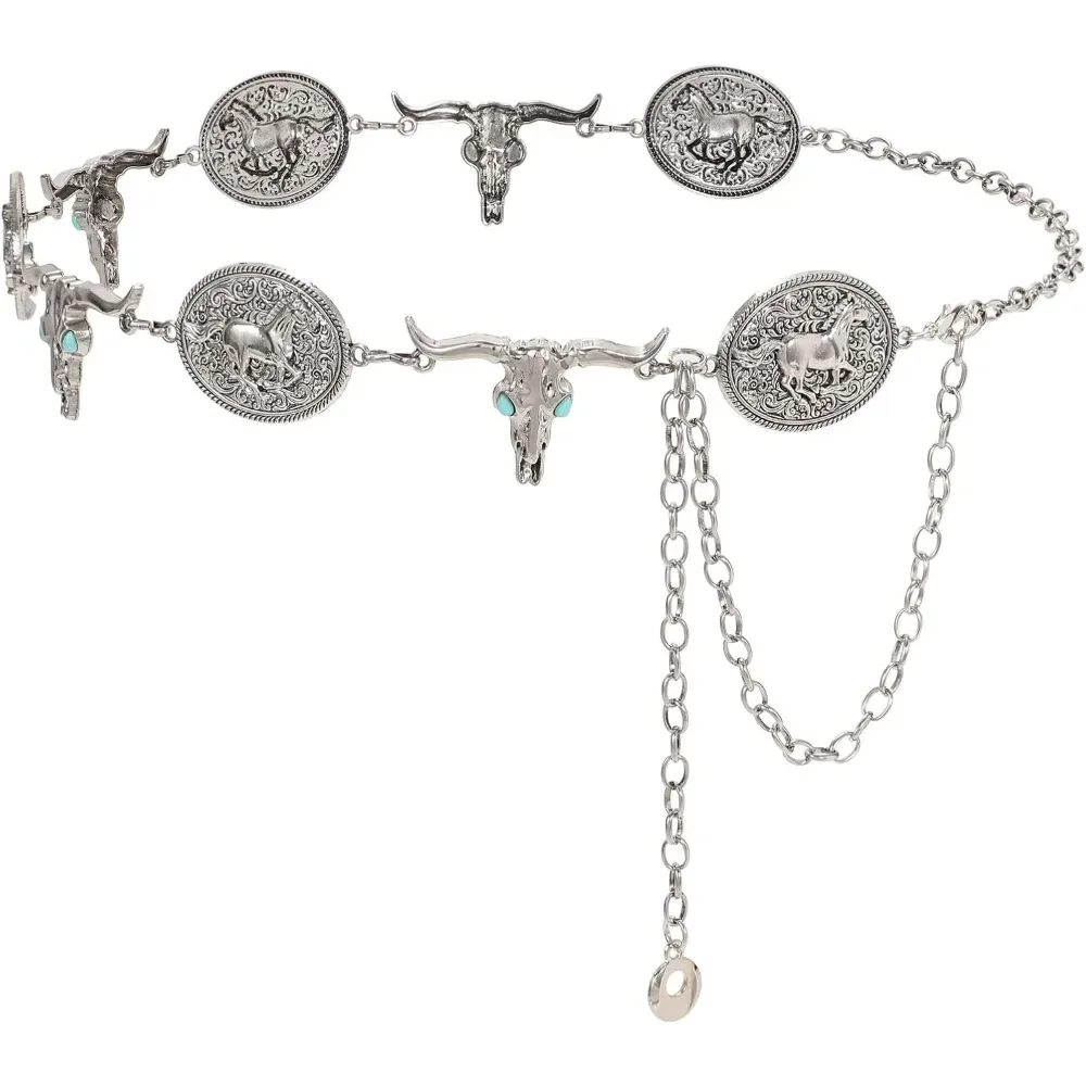 Western-Metall-Concho-Gürtel für Damen, Vintage-Cowgirl-Boho-Türkis-Kettengürtel für Kleider, Jeans