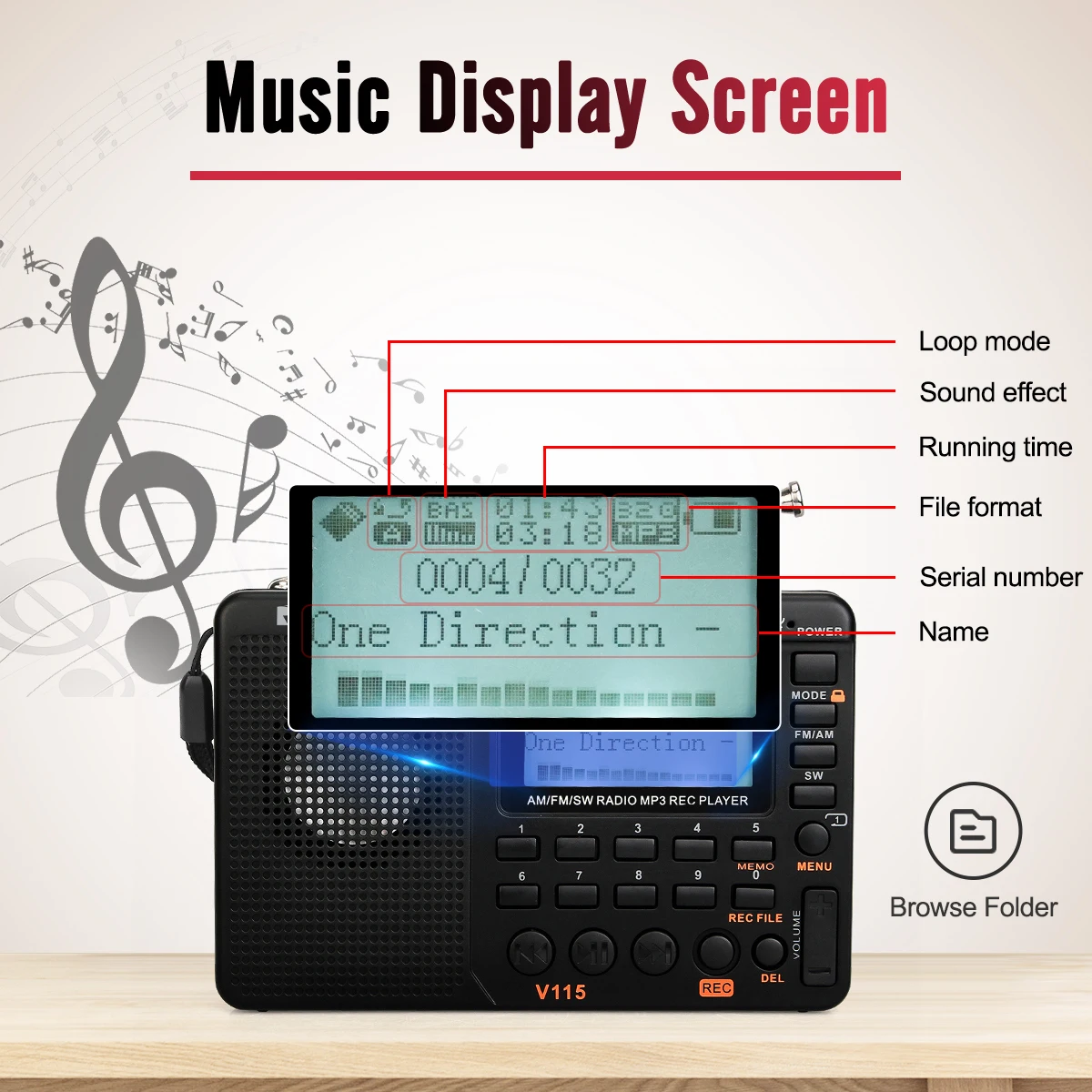 RETEKESS V115 Radio FM AM SW Portable Radios Rechargeable  Radio Batteries multiple bands  USB Recorder Speaker for Elders TX32 — view 3