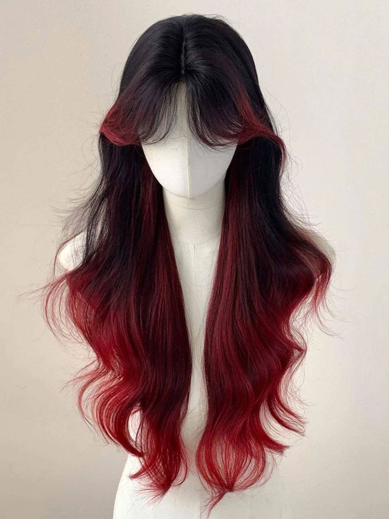 Synthetic Red Black Curly Wavy Lace Front Wig for Daily Cosplay
