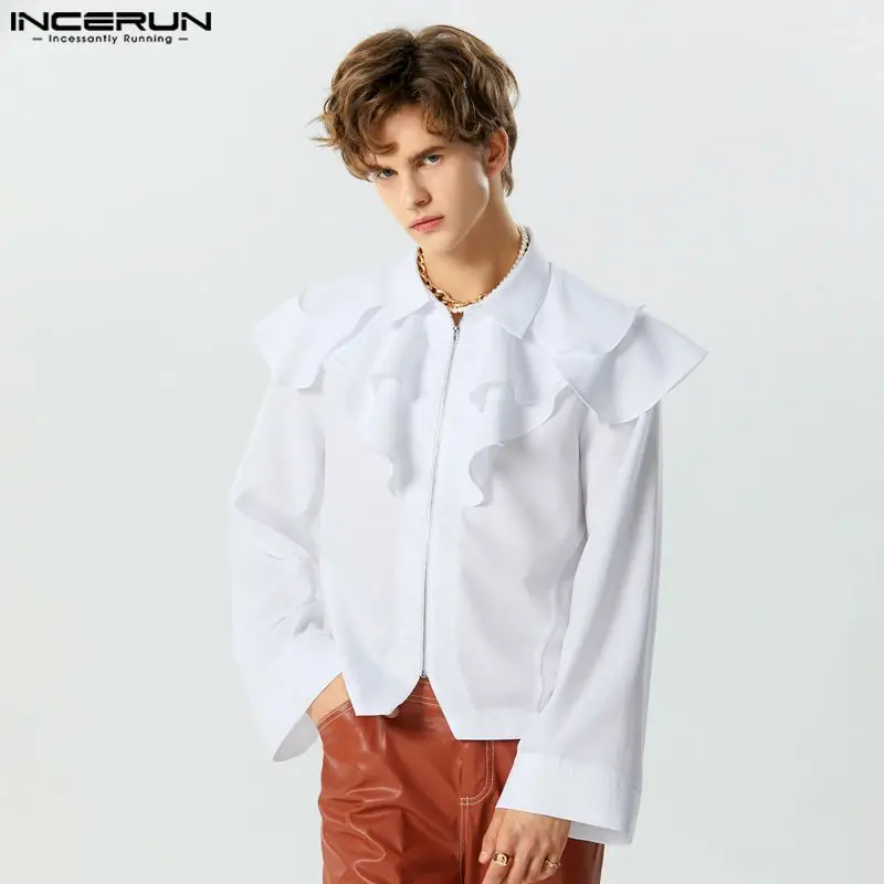 

INCERUN Men Shirt Solid Color Lapel Long Sleeve Streetwear Zipper Men Clothing Ruffle Autumn Loose 2023 Casual Camisas S-5XL