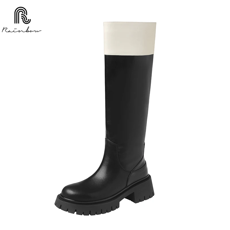 RAINBOW Size 33-40 Fashion Women Leather Knee High Boots Classic Style INS Riding Quality Mixed Color Thick Heels Autumn Winter