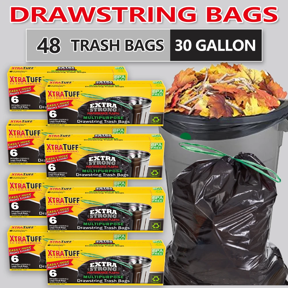 thumbnail image 1 of Bolsas de basura grandes con cordón para cocina Xtratuff, 30 galones, color negro, sin perfume, 48 unidades, bolsas de basura resistentes sin BPA, 1 of 5