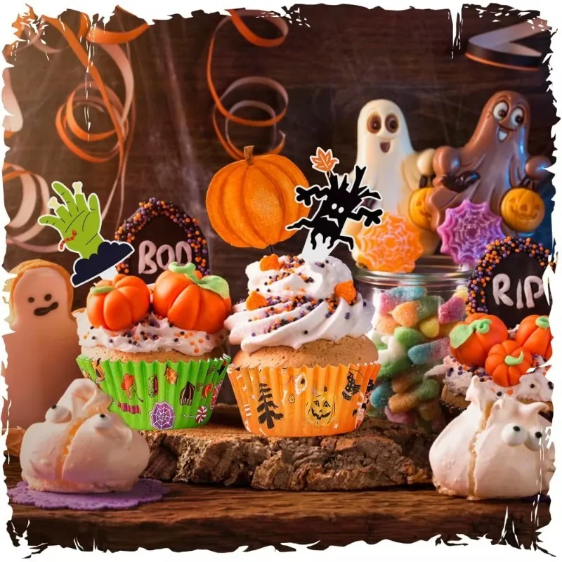 Cupcake and Muffin Baking Liners with Spooky Ghost and Pumpkin Designs for Party Decorations Candy Treats and Baking Supplies
