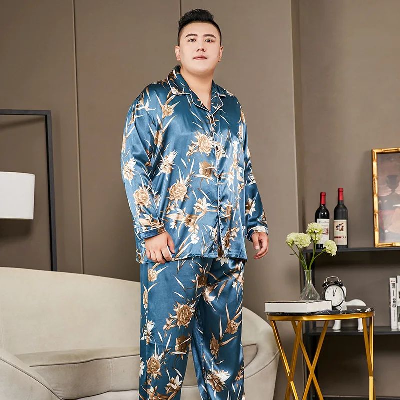 

Men's Extra Large Ice Silk Pajamas Long Sleeve Pants Loose Fitting Casual Home Clothing Set Comfortable Printed Sleepwear