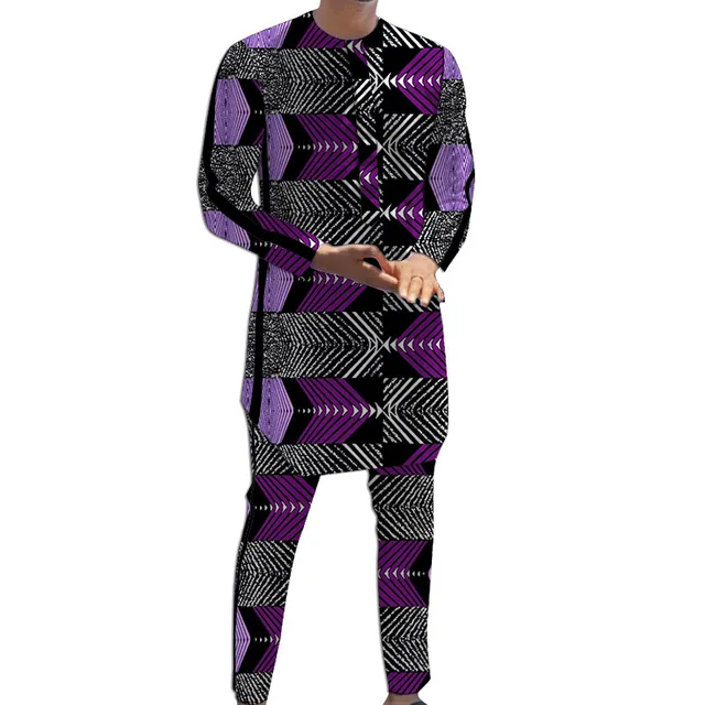 Abito da sposo con striscia nera Camicie + pantaloni con design patchwork Set di pantaloni da uomo stampati African Couture 2