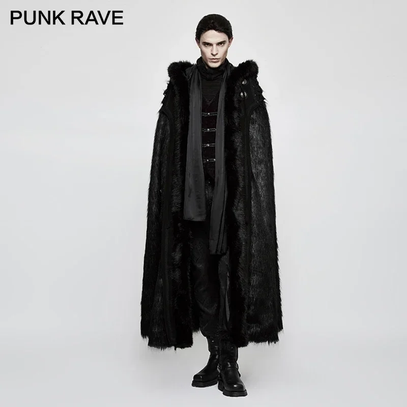 

PUNK RAVE Gothic Witch Long Bat Fur Cloak Halloween Black Knight Luxury Men Hood Imitation Wool-grass Fabric