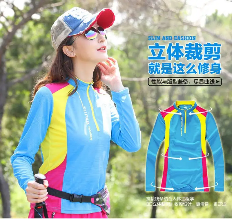Hiking T-shirts Elastic Breathable Anti-Uv Quick Dry Hiking T-shirt Women Trekking Long Sleeve T Shirt Outdoor Sport Men T-shirt