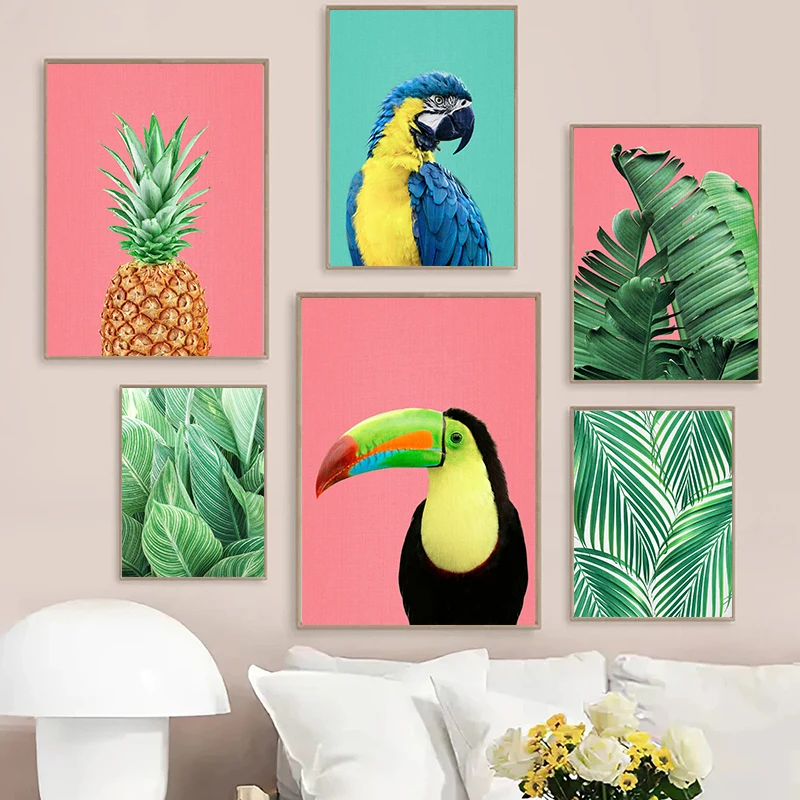 

Scandinavian Home Decor Cuadros Poster and Print Pineapple Bird Canvas Painting Parrot Flamingo Modular Nordic Wall Art Picture