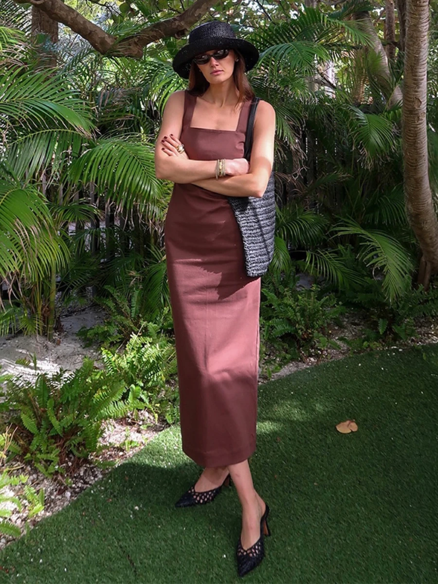 Bornladies Cotton Linen Solid Color Square Neck Suspender Dress Women's Fashion Slim Fit Long Dress Summer New Women's Clothing