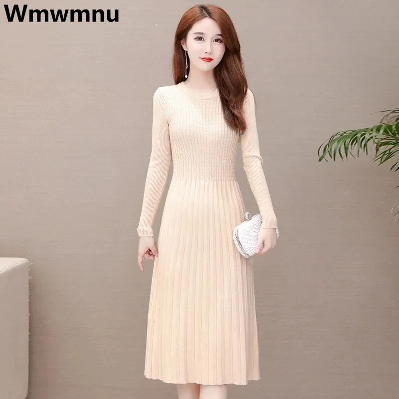 

Slim O-neck Knitted Knee-lenght Dress Fall Winter A-line Sweater Dresses Long Sleeve Bottoming Vestidos Korean Knitwear Robe
