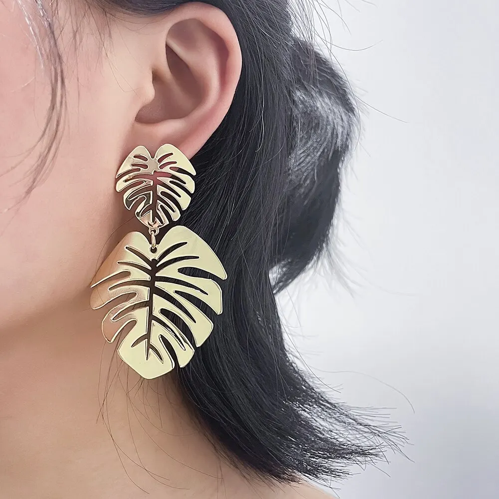 Bohemian Hollow Exaggerated Leaf Dangle Earrings Drop Earrings Long Earrings Golden Earrings For Women Lady Geometric Tropical Plant Jewelry Gifts