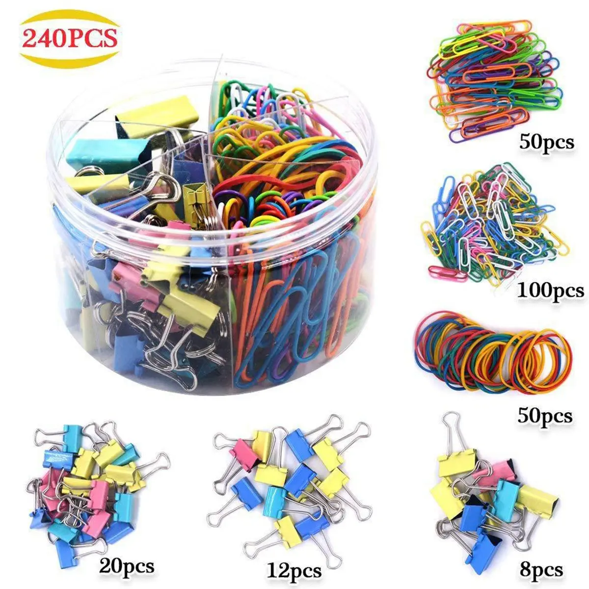 240PCS Paperclip Binder Color Office Clip Set Multi Size Office & School Supplies Rubber Band Document Sorting paper clips