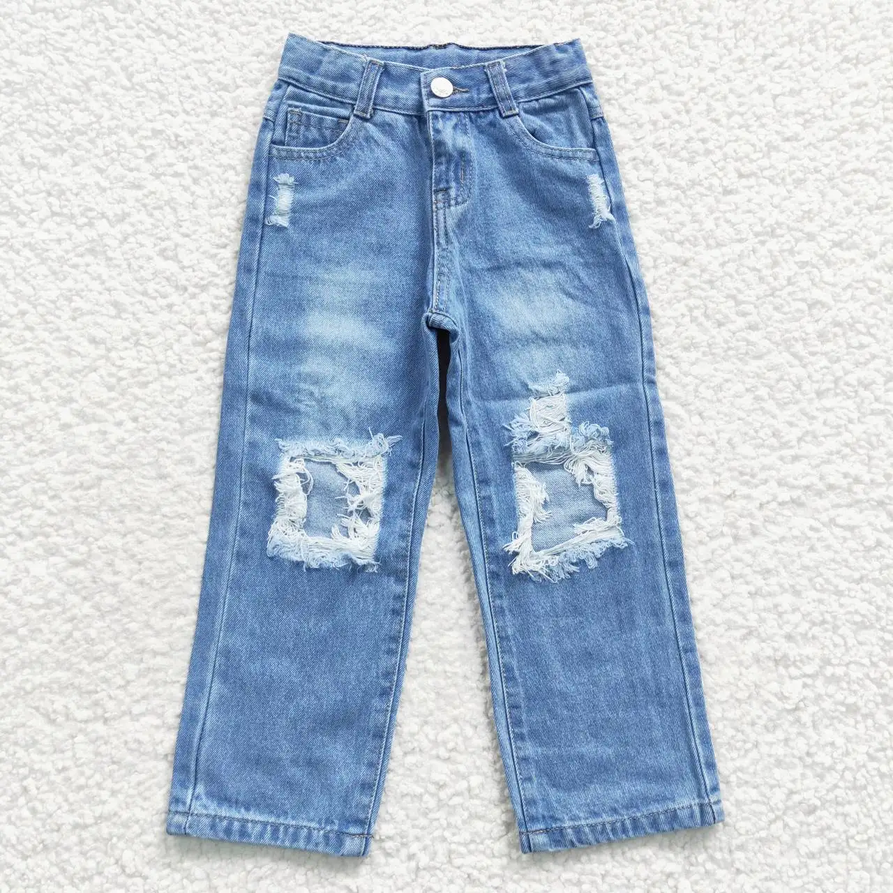 

Wholesale Toddler Zipper Pants Kid Infant Pocket Checkered Denim Ripped Trousers Children broken-hole Jeans