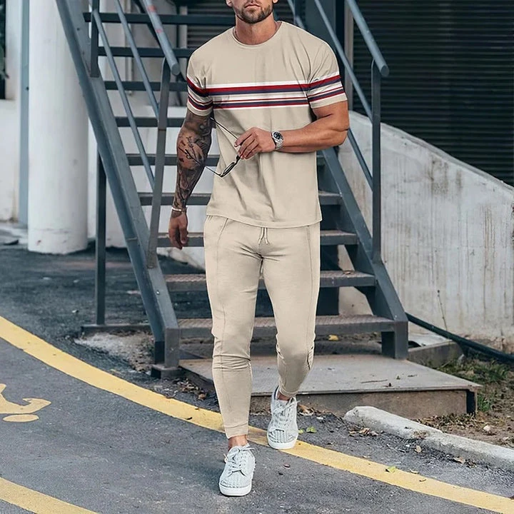 Luxury Fashion Men's T-Shirt Set 3D Printed O-Neck New Striped Geometric Splicing Short Sleeves + Pants 2-piece Set Oversize