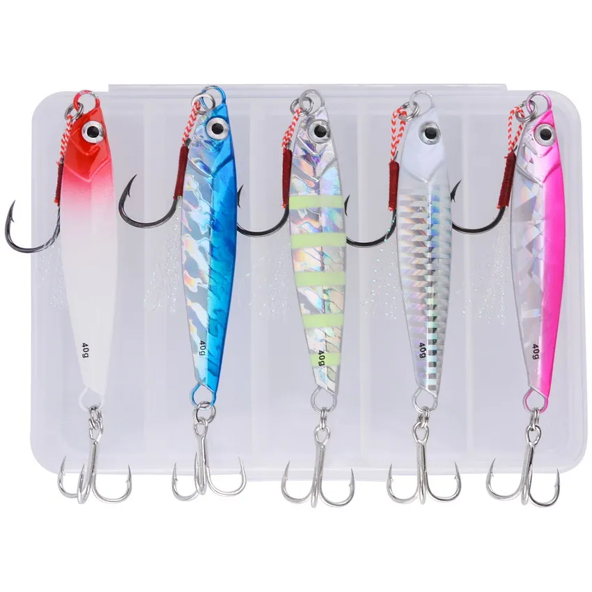 Description Picture 3 of item5pcs/box Slow Sinking Metal Cast Jig Spoon Set 7g-40g Shore Throwing Sea Bass Bait Artificial Bait Fishing Tackle for Tuna