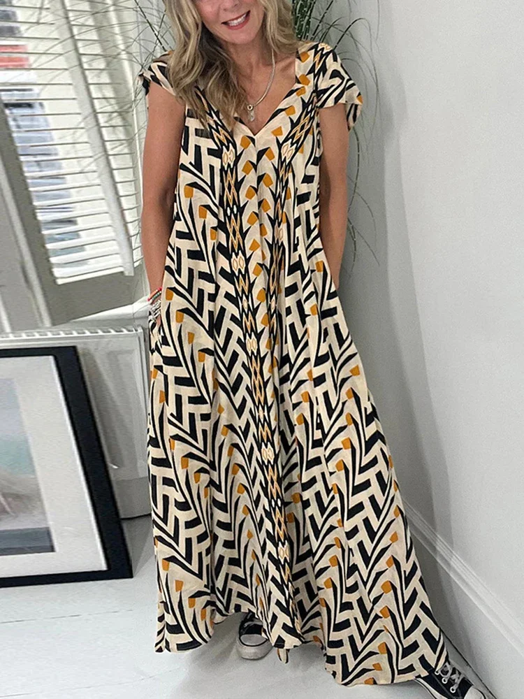 

Женское платье-макси с коротким рукавом-бабочкой и V-образным вырезом