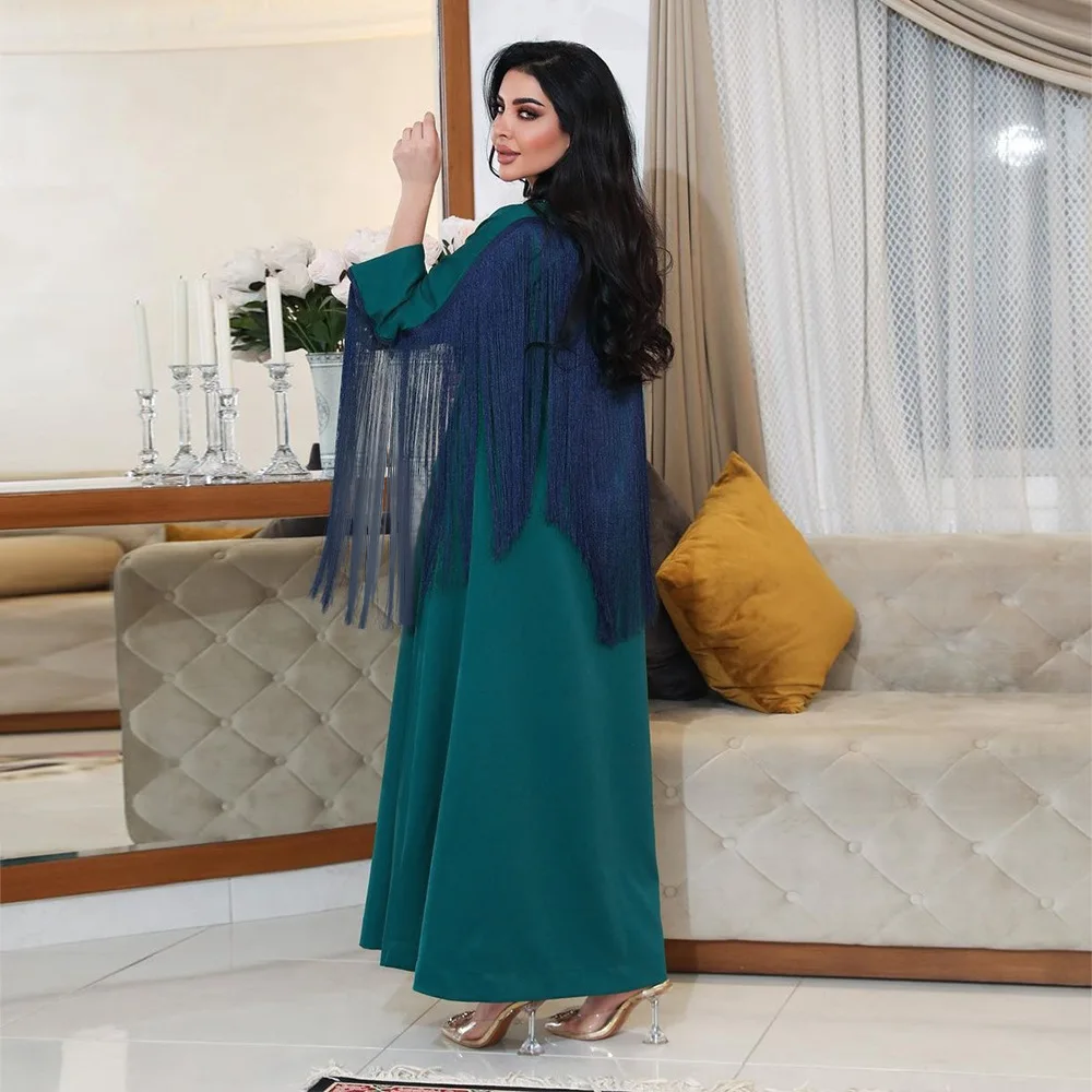 

Middle East Eid Mubarak Ramadan Djellaba Muslim Women Beads Tassel Maxi Dress Dubai Abaya Turkey Kaftan Marocain Robe Jalabiya