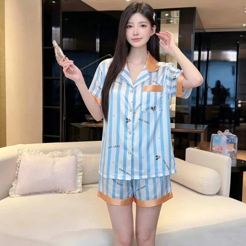 Y2K Style Striped Fashion Pajama Set Women's Button Short Sleeve Sleepwear Cute Cherry Letter Print Loungewear Homewear Casual 4