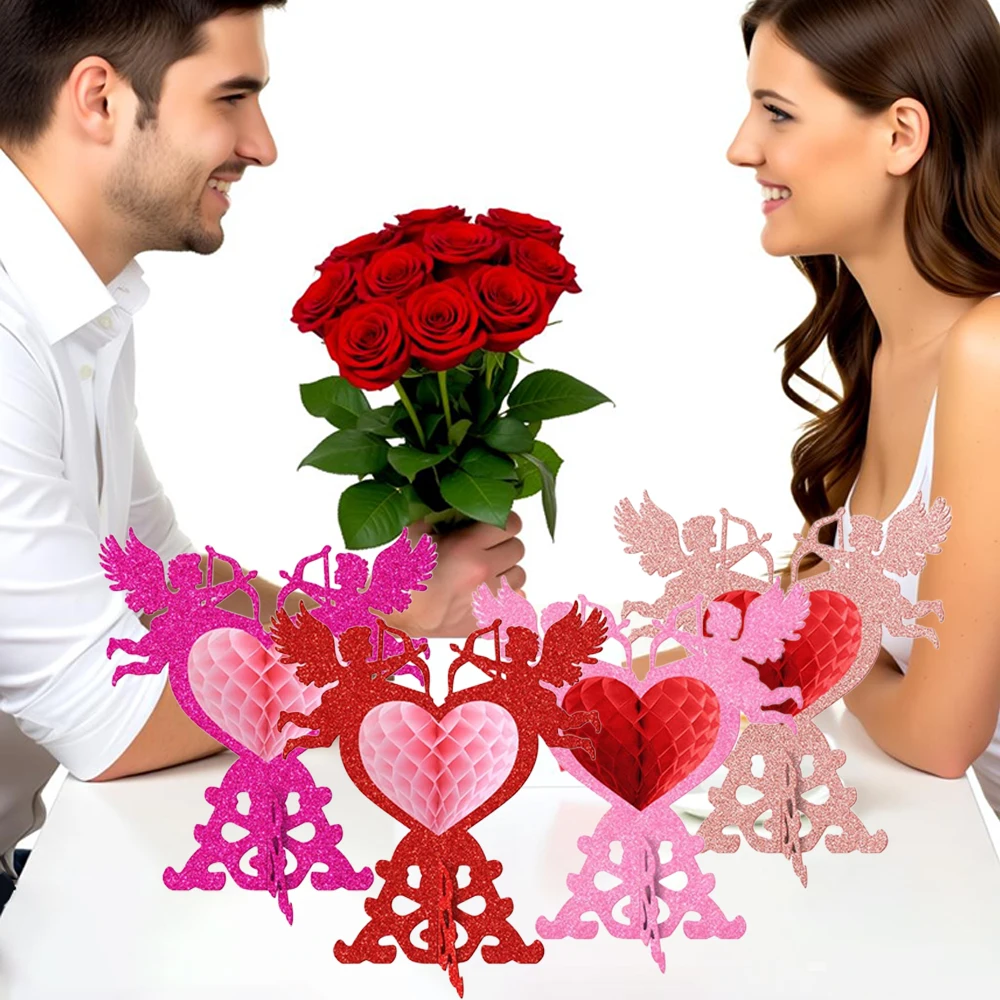 Sweet and Romantic 4-Piece Set of Shiny Angel Heart Honeycomb Desktop 3D Ornaments for Valentine's Day Confession, Engagement, Wedding Celebration, Banquet, Wedding Room DIY Decoration