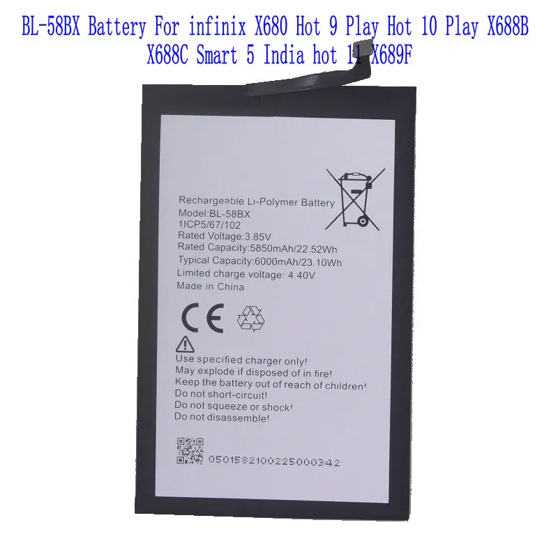 1x 6000mAh BL-58BX Battery For infinix X680 Hot Play Hot