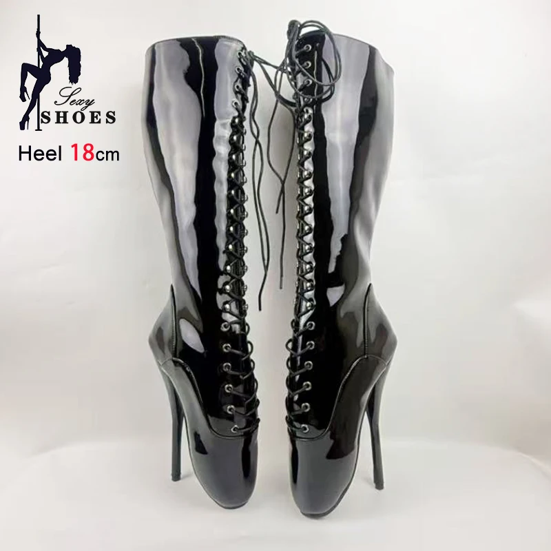 Women 18CM Ultra High heel Black Lace-up Zipper Mid-Calf Boots Plus Size 44 45 46 Sexy Fetish Shoes Woman Stiletto Ballet Boots