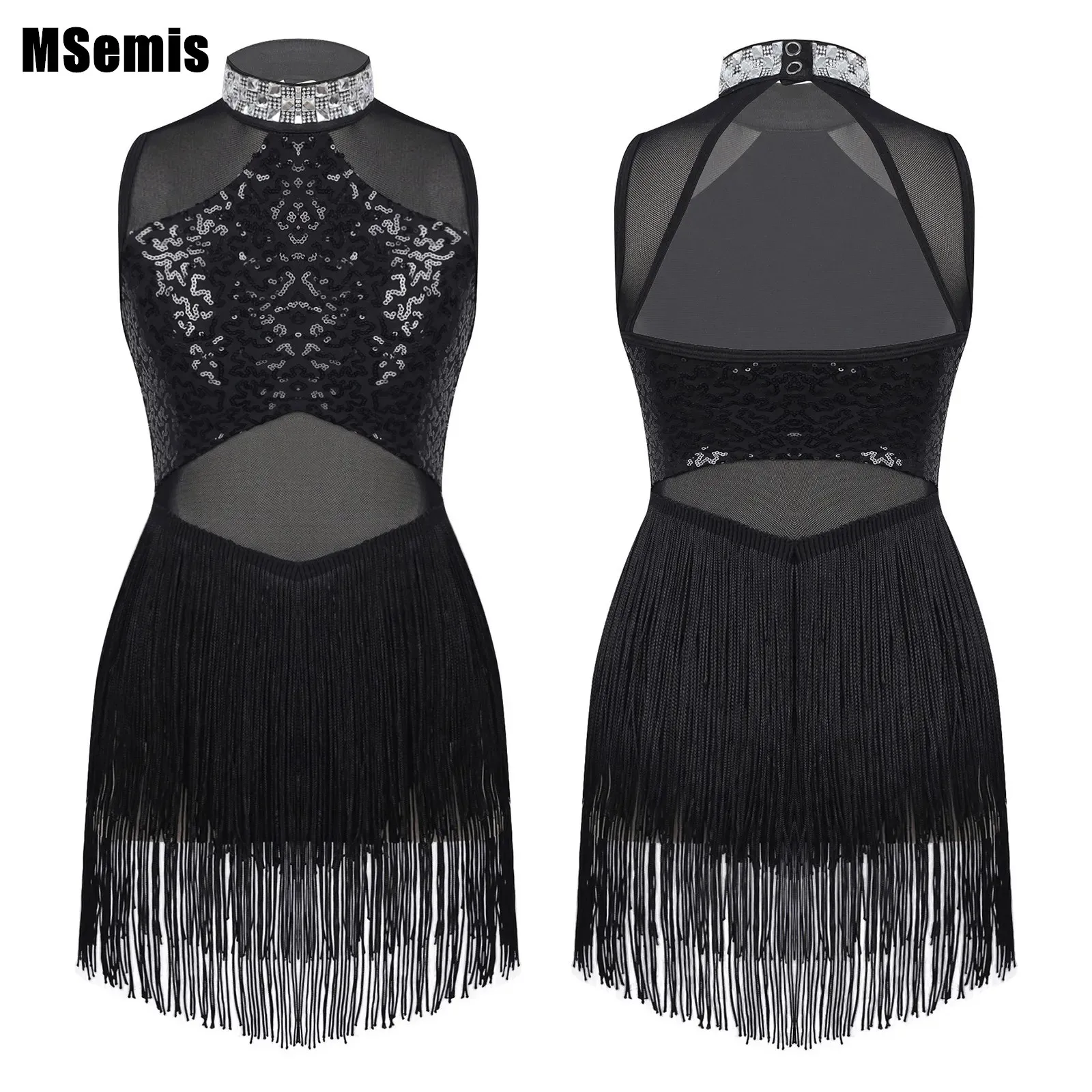 

Детские блестящие трико для девочек, декорированный воротник, блестки, Лоскутная сетчатая юбка с кисточками, стильная одежда