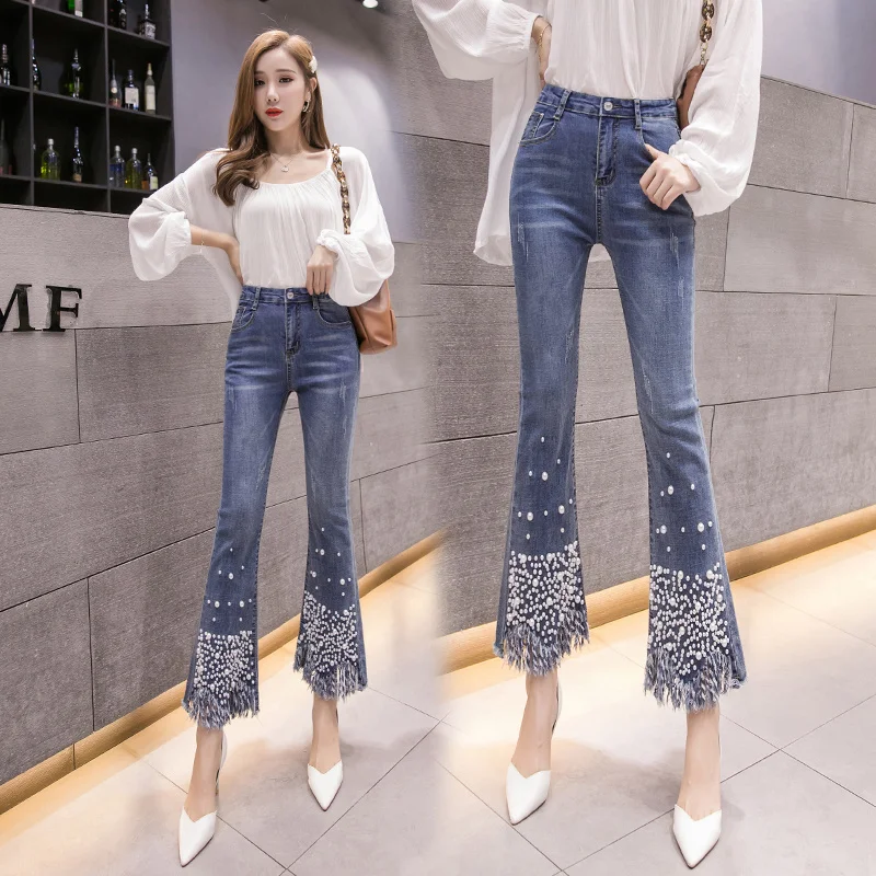 

Vintage Pearls Denim Jeans Women 2023 Summer Fashion Flare Jeans Pants Female Elastic High Waist