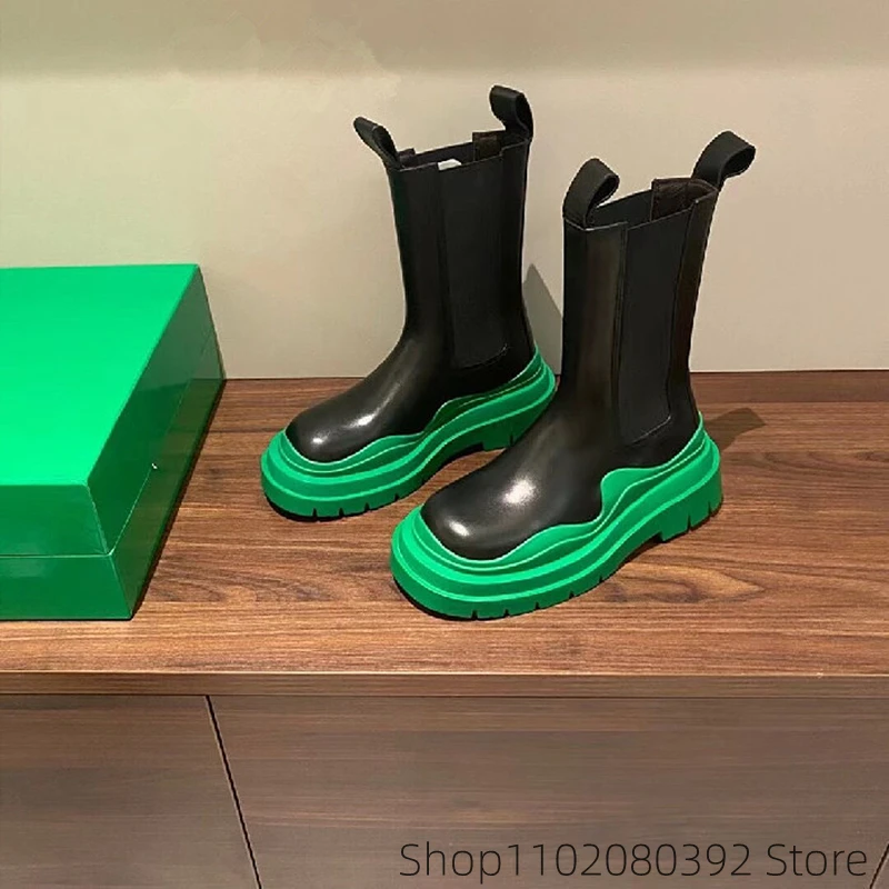 Bblack Autumn Winter Platform High Women Boots Nude Boots Flat Green Short Elastic Band Chelsea BOTTEGA- Rain