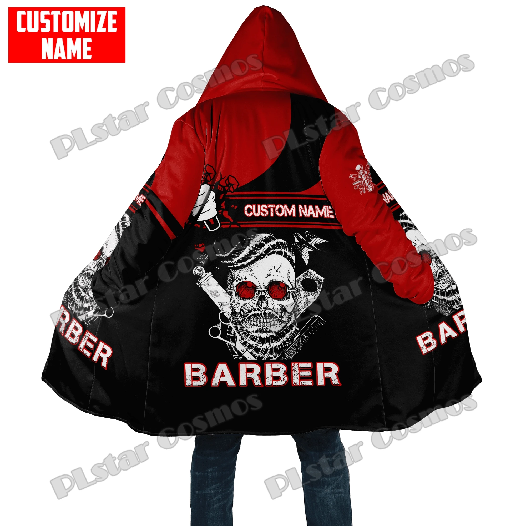 Winter Fashion Mens Cloak Personalized Name Barber 3D Printed Fleece Hooded cloak Unisex Casual Thick Warm Cape coat PJ10