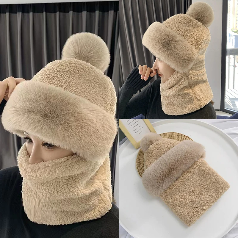 

2022 Winter Women Hat Scarf Caps Knitted Hat Wool Plush Fleece Hats Warm Thicken Ski Hat Outdoor Windproof Scarf Beanies Cap Men