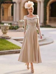 Elegant A-line Mother of the Bride Dresses V-neck Long Wedding Guest Gowns Lace Appliques Tea-Length Dress Women For Wedding
