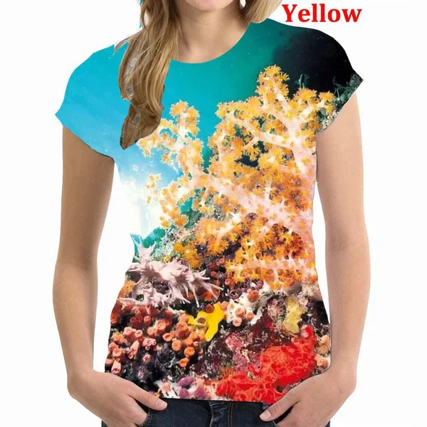 

Women 3D Coral Printed Short Sleeves T Shirts Casual Fashion Round Neck Sport Tops