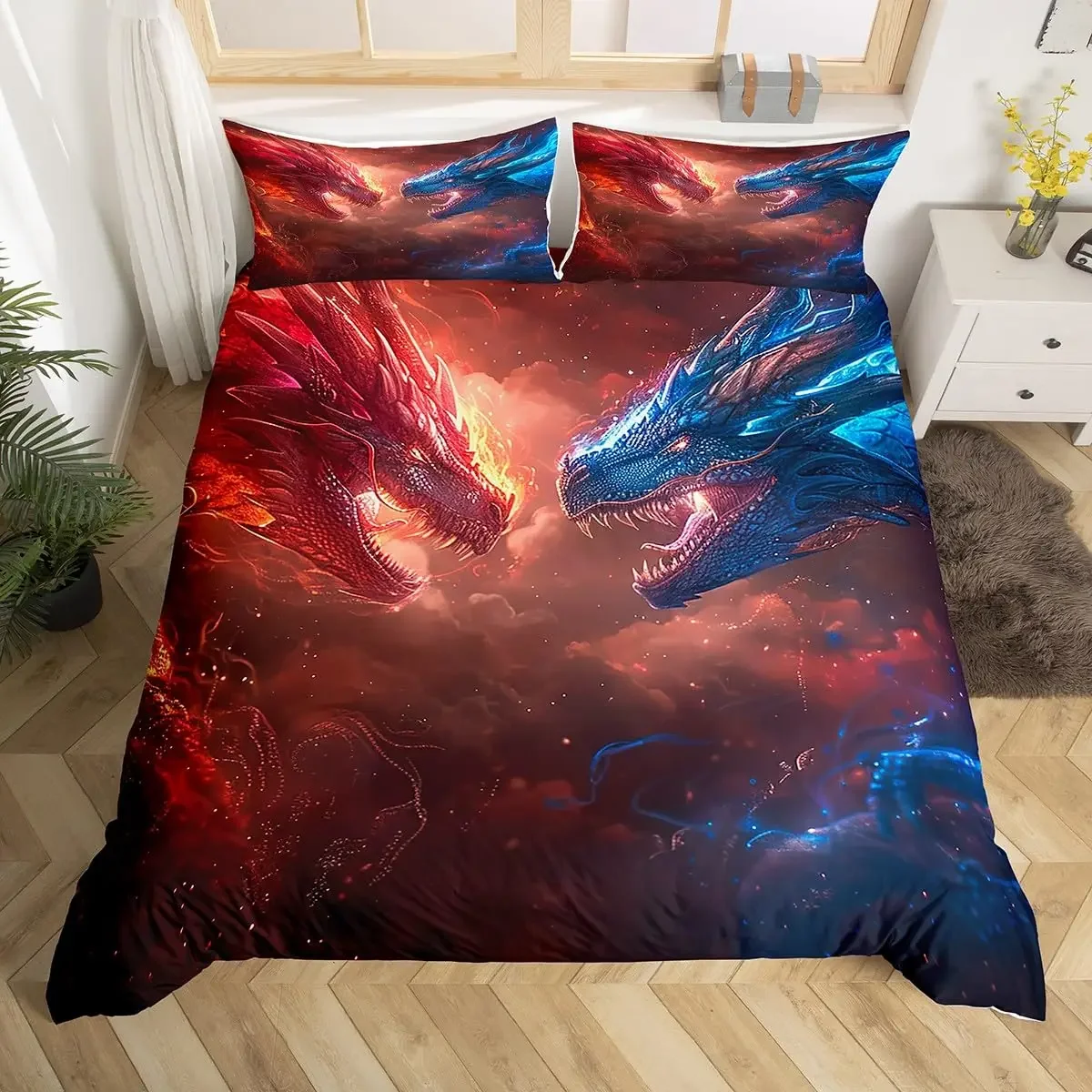 Fire Dragon Duvet Covers for Kids Teens Queen King Size Lightweight Quilt Covers Mythical Animals Pattern Bedding Set Room Decor