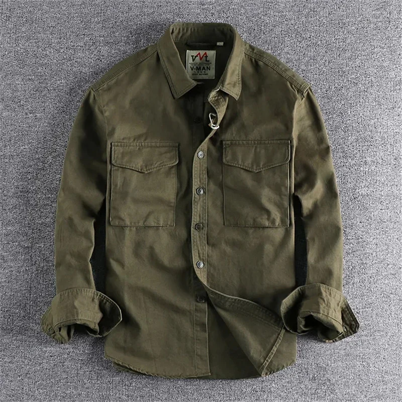 

2023 Cargo Shirt Jacket Canvas Cotton Khaki Military Casual Work Mens Tops Clothing Single-Breasted Camisas De Hombre