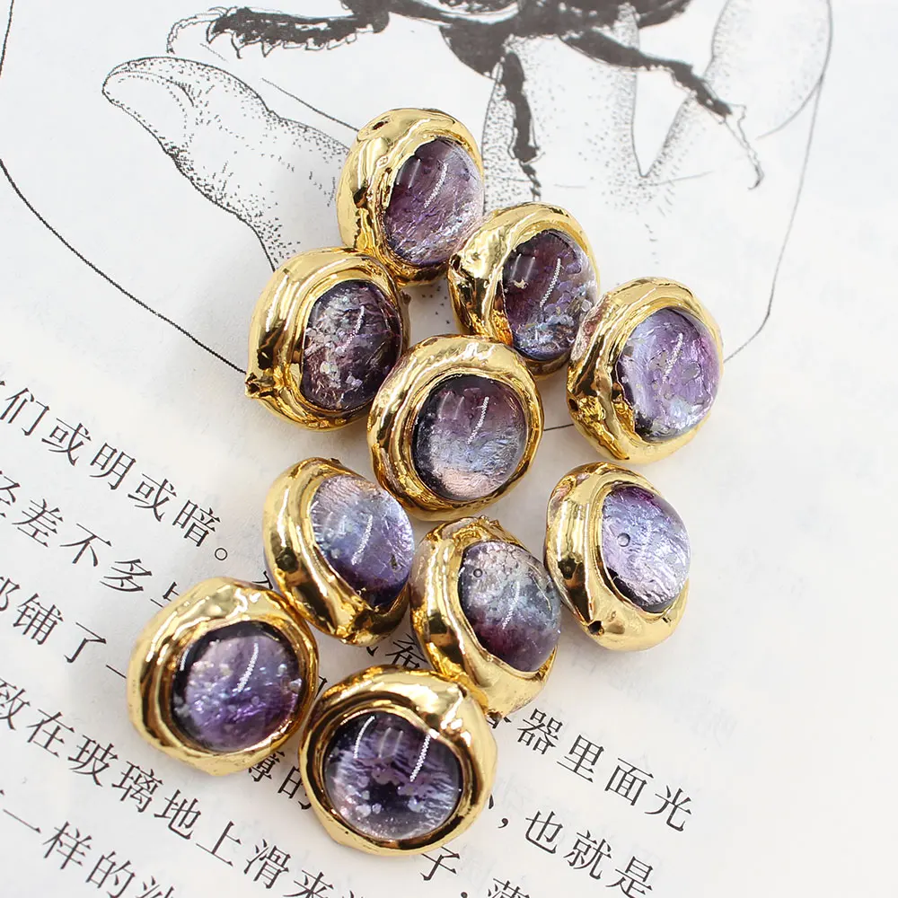10Pcs 16MM Purple Moss Glass Coloured Glaze Loose Beads Gold Plated Connector Beads For Necklace Pendant Jewelry DIY