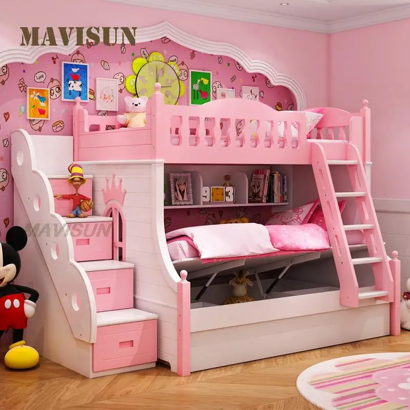 Children Bed Modern Pink Princess Bed Kids Bunk Beds Double Girls Bedroom Furniture Wooden