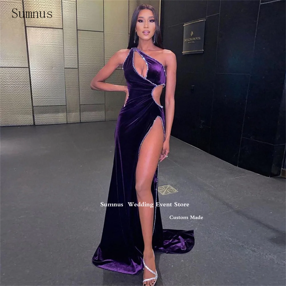 

Sumnus Sexy Velour Glitter Prom Dresses Purple Mermaid High Leg Slit Crystal Sparkle Vestidos De Gala 2023 Wedding Party Dresses