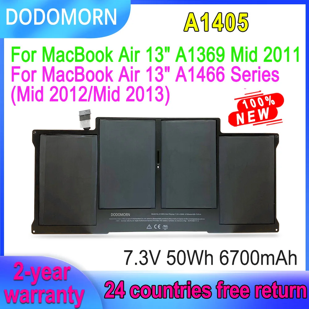 

DODOMORN 7.3V 50Wh 6700mAh A1405 Laptop Battery For MacBook Air 13" A1369 A1466 Mid 2011 2012 2013 Series Notebook Rechargeable