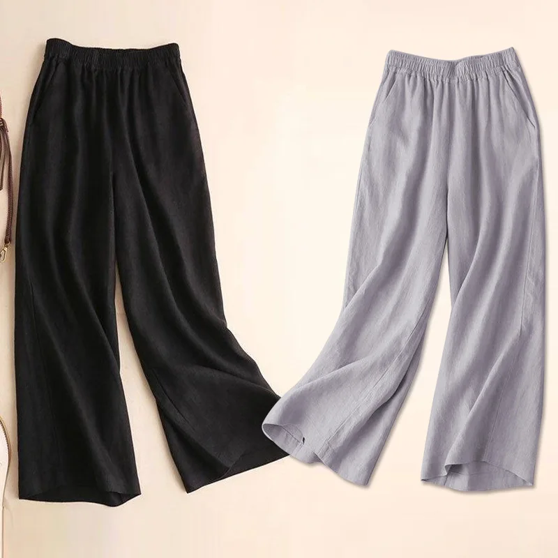 Women Cotton Linen Wide Leg Pants Female Summer Pants Full Length Casual Pants Fashion Solid Loose High Waist Straight Trousers 6
