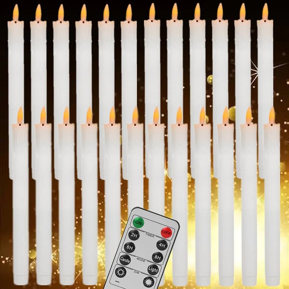 Eldnacele Candele coniche senza fiamma, avorio tremolanti con telecomando a 10 tasti, funzionamento a batteria a LED, stoppino 3D, in vera cera