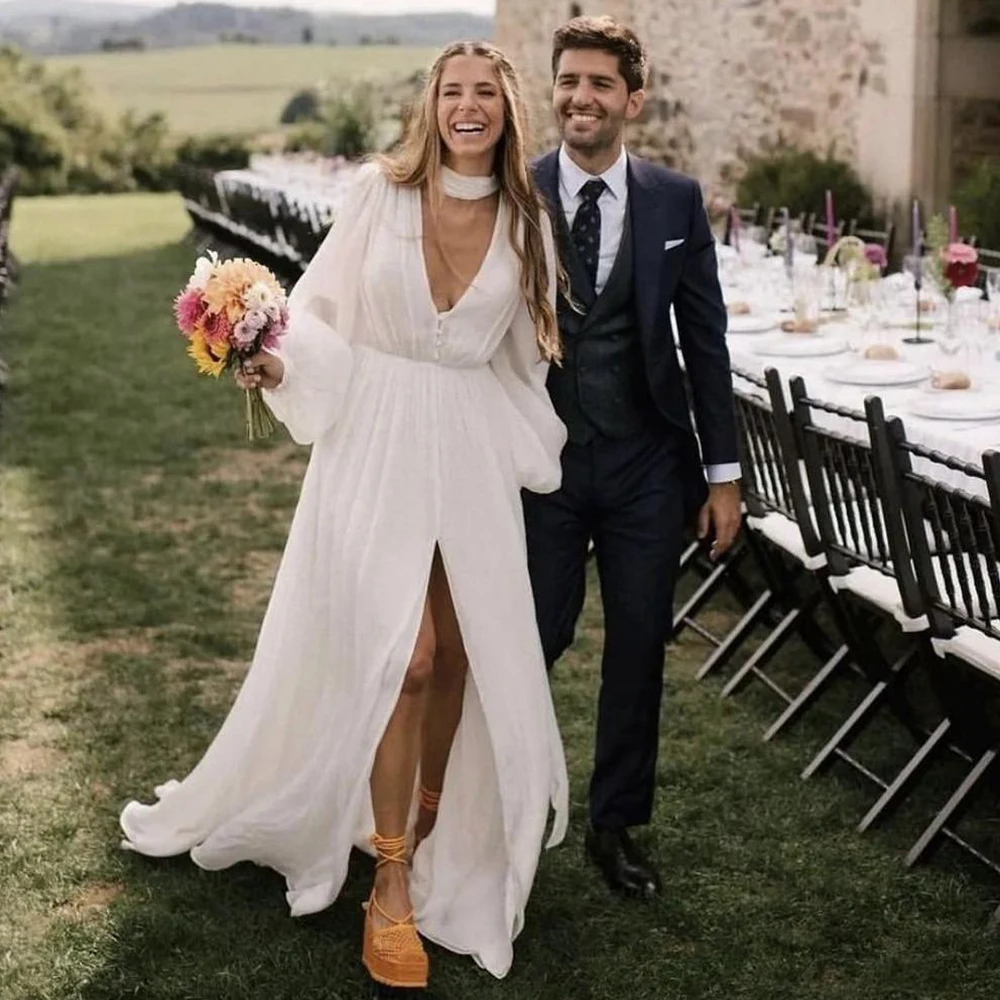 

Ramanda Simple Halter Puff Sleeves High Slit A-Line Wedding Dress For Women Elegant Backless Bridal Party Gowns Sweep Train