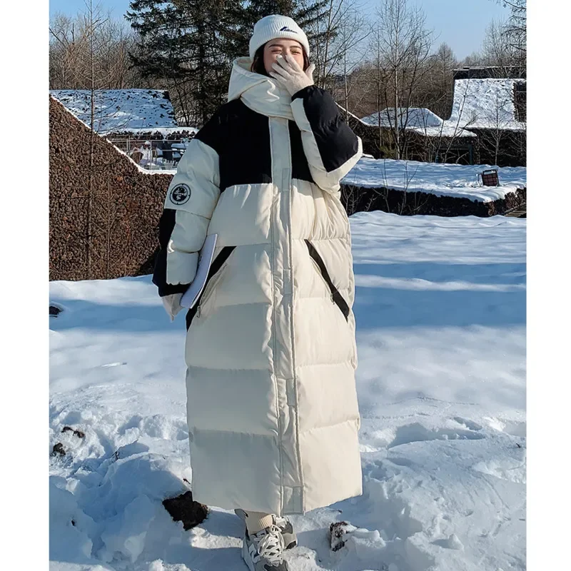 Korean Black White Patchwork Long Down Coat Hooded Padded Jacket Women Thicken Winter Warm Oversized Down Jacket Coat Overcoat