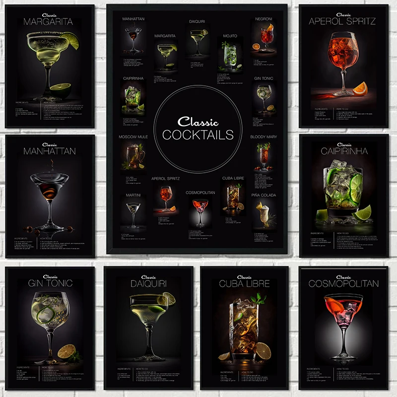 Poster Di Bevande In Bianco E Nero Gin Tonic Cuba Libre Mojito Caipirinha Canvas Painting Wall Art Print Picture Kitchen Bar Decor