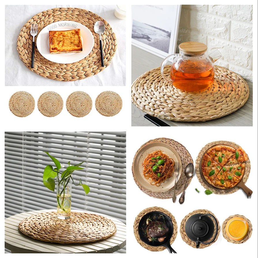 20cm Natural Table Mat Handmade Water Hyacinth Woven Placemat Round Braided Mat Heat Resistant Hot Insulation Anti-Skidding Pad