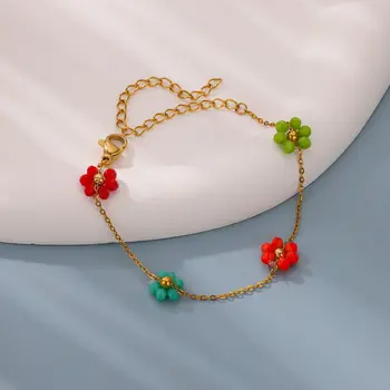 Boho Colorful Beads Flowers Bracelets for Women Stainless Steel Gold Color Daisy Wrist Bracelet femme Fashion Waterproof Jewelry