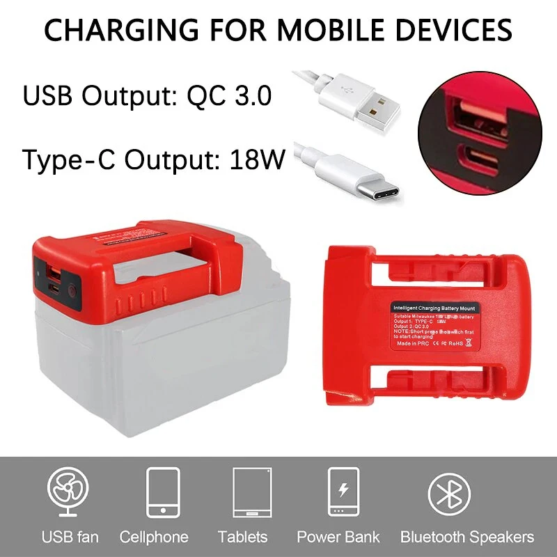 밀워키 18V 리튬 이온 배터리 용 USB 충전기 어댑터, 밀워키용 USB 및 c타입 고속 충전이 있는 새로운 배터리 홀더 어댑터