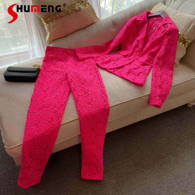 Fashionable Autumn 2023 Elegant Women's Hollow Lace Waist-Tight Buckle Long Sleeve Suit Trousers Socialite Two-Piece Set Outfits women after the hole tight jeans high waist denim pants 2023 lady sexy summer bodycon pant casual destroyed hole long trousers