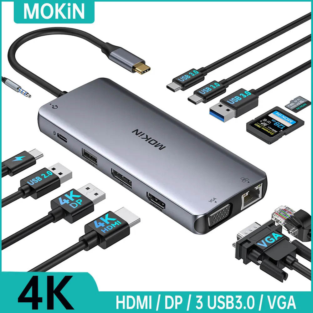 

MOKiN USB Type-C to HDMI HUB Docking station DP 4K 60Hz RJ45 VGA PD100W Adapter For Macbook Pro M2 M1 USB C HUB 3 USB3.0 5Gbps