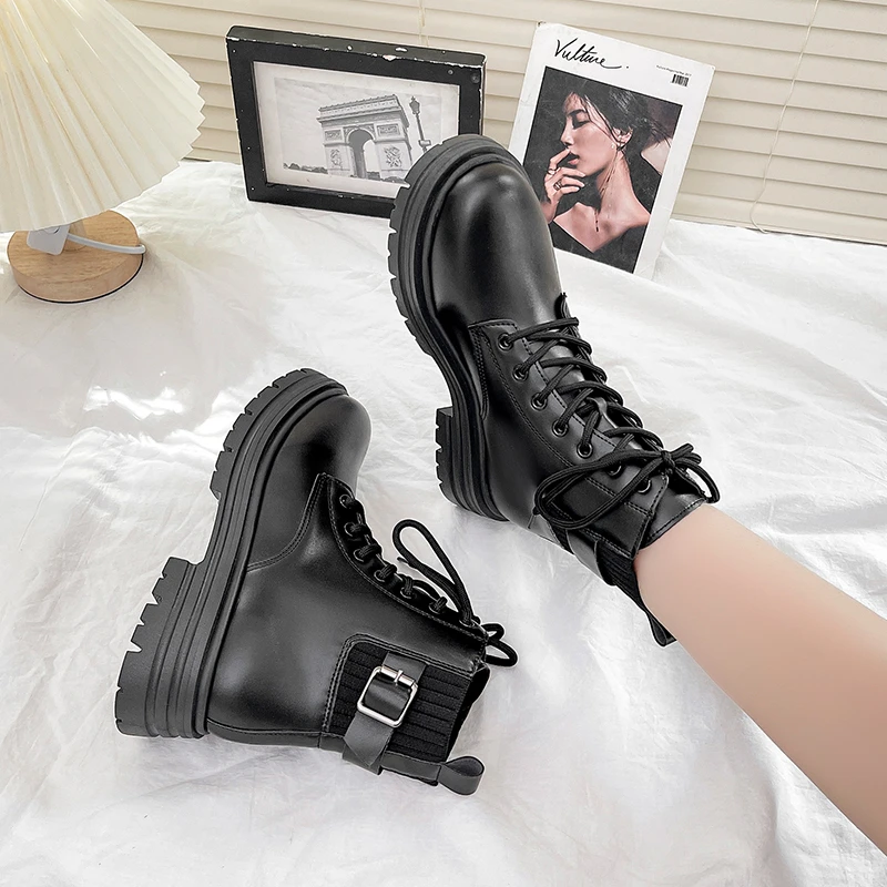 Botas occidentales para mujer, botines redondos de PU A moda, botas negras elásticas combate, invierno, 2021 - AliExpress