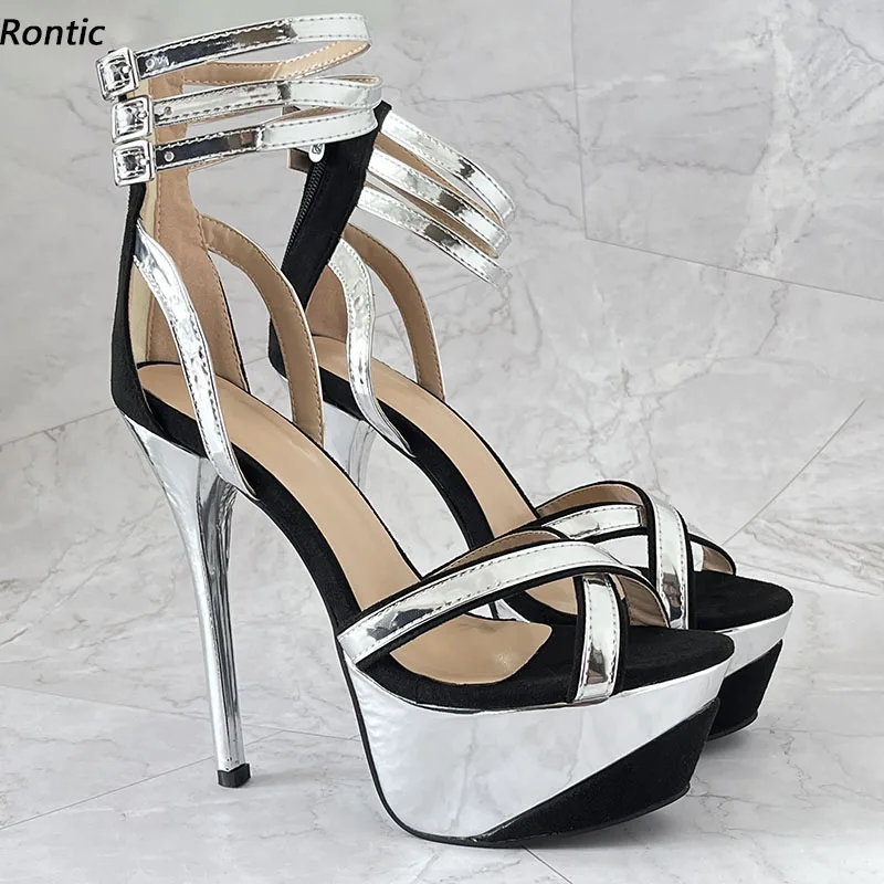 

Rontic New Arrival Women Platform Sandals Buckle Strap Sexy Thin High Heels Open Toe Silver Party Shoes Ladies US Plus Size 5-20